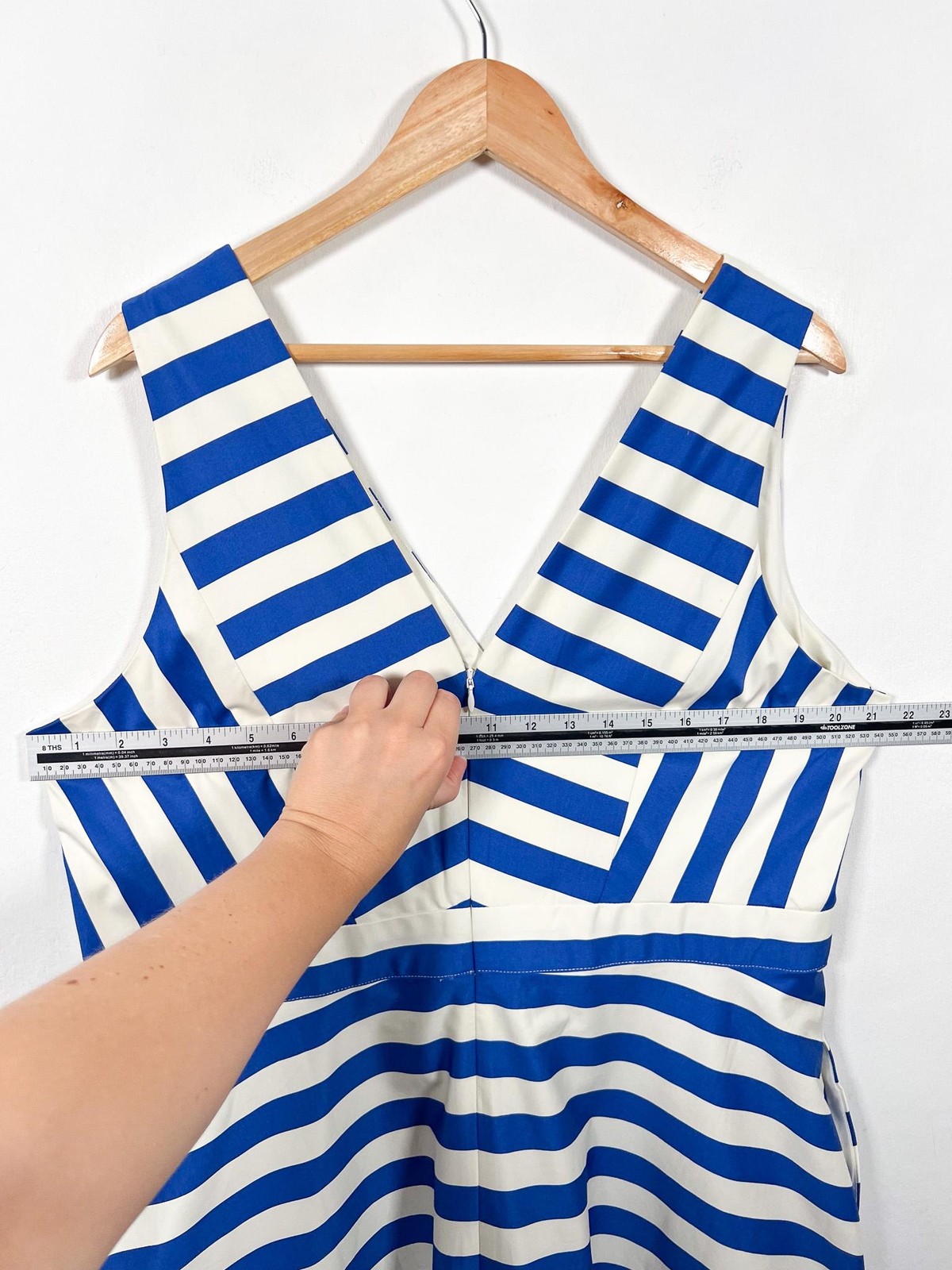 Boden Dress Size UK 20 Blue White Satin Panelled Bodice Midi Striped Fit Flare