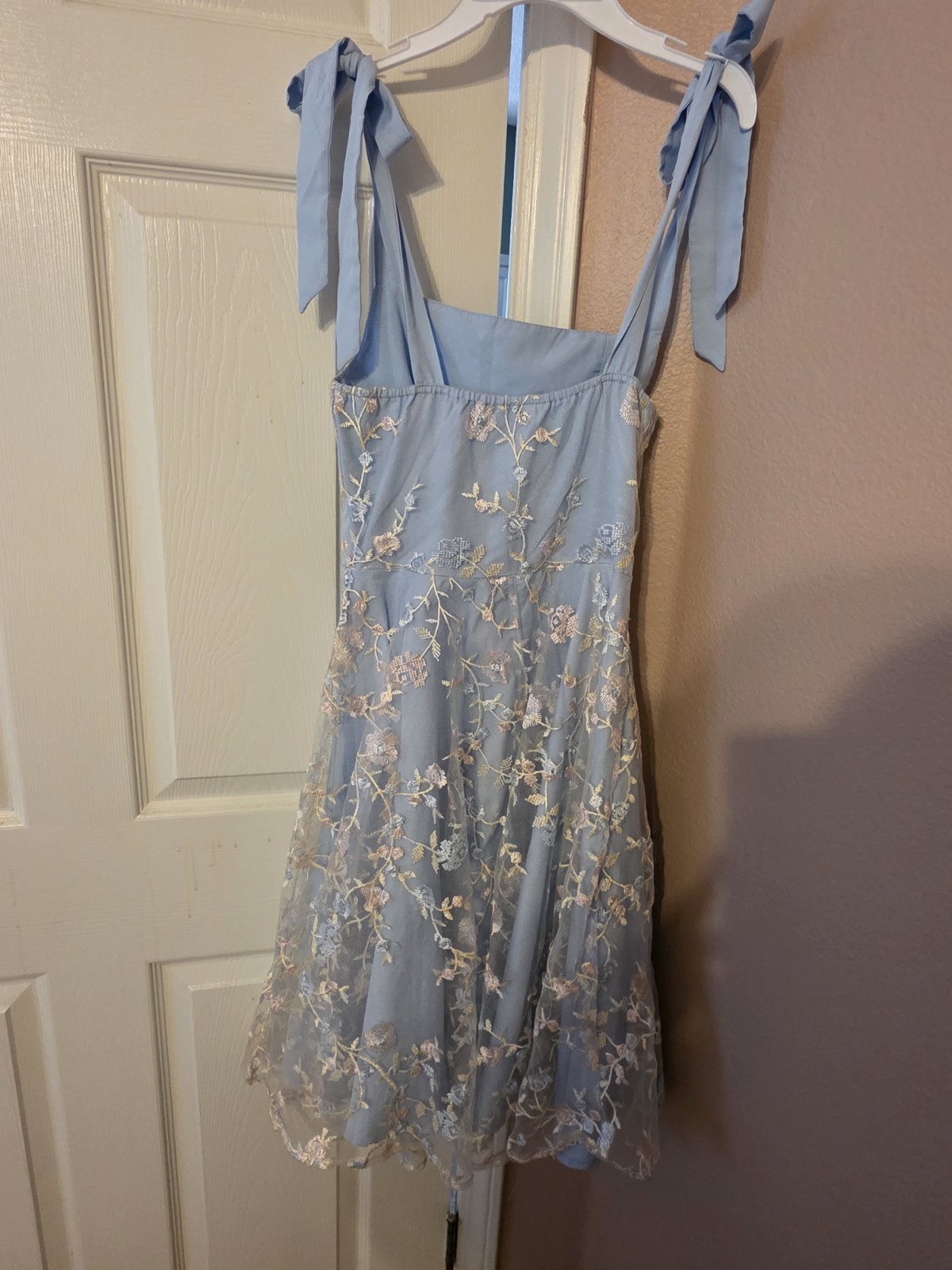 Blue Floral Embroidered Mesh Overlay Square Neck Strappy Lined Mini Dress S