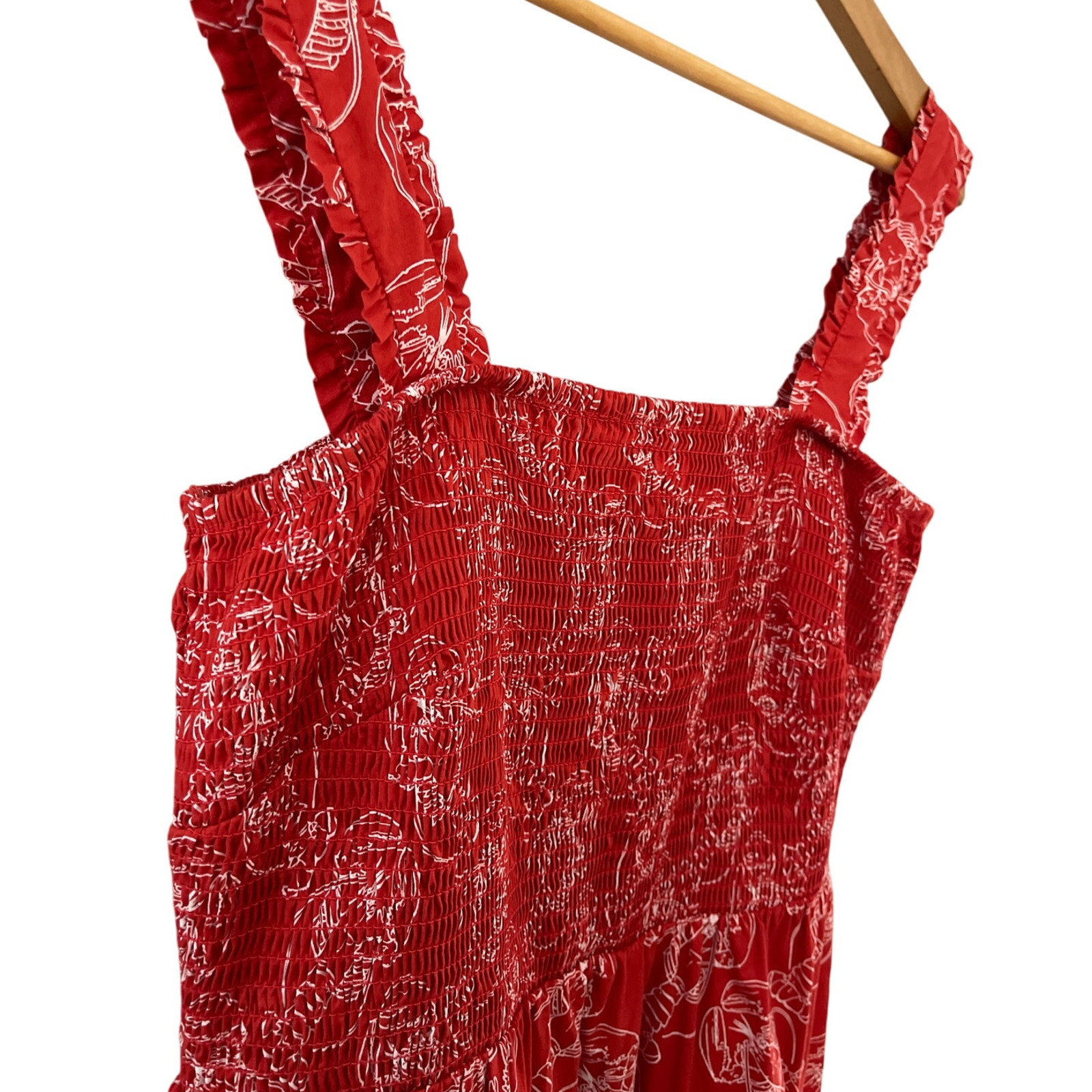 Mira Red & White Lobster Smocked Ruffle Strap Tiered Maxi Dress Size Small
