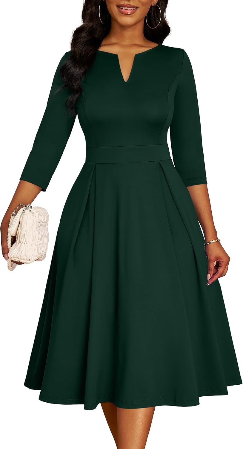 Midi Dresses for Women, Semi Formal Fit and Flare 3/4 Sleeve V Neck Work Dress