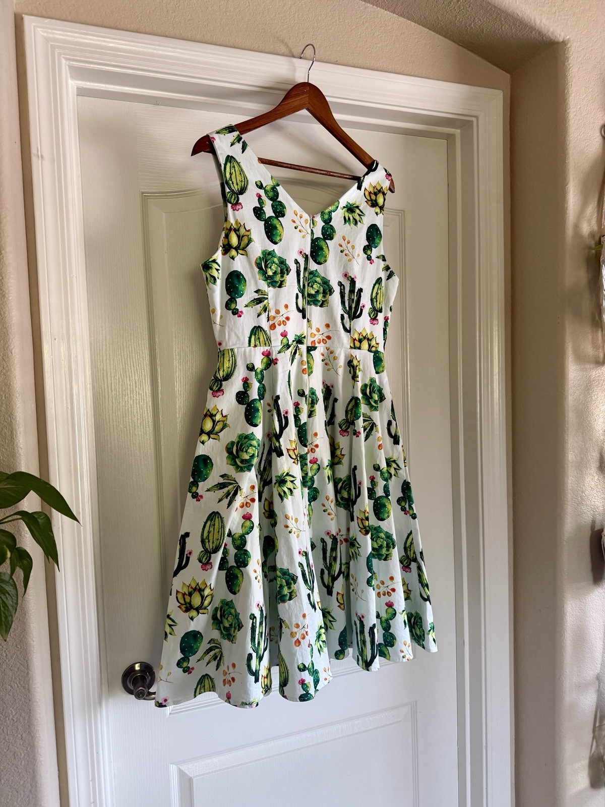 Eva Rose Cactus Succulent Print Fit Flare Dress USA Cotton Large Pockets