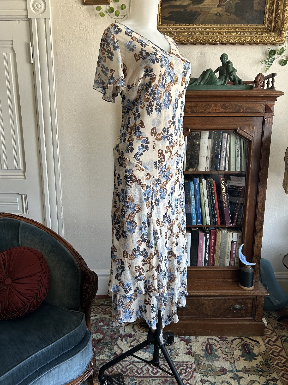 90s Y2K 100% Silk Cream Floral Fairy Hankercheif Asymmetrical Dress sz 16W Bias