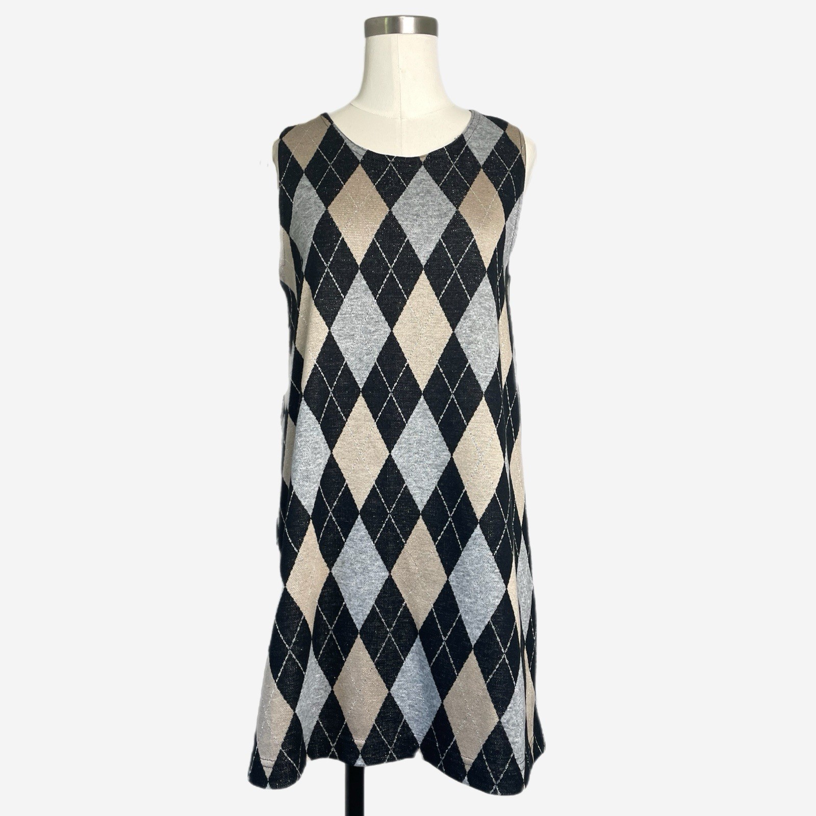 Vintage 90s Newport News argyle knit mini dress metallic academia preppy fall S