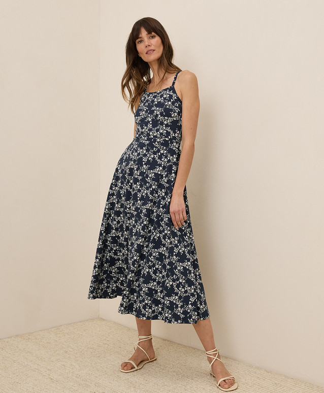 NEW PACT Organic Fit & Flare Midi Dress, Bouquet Blooms Midnight Blue