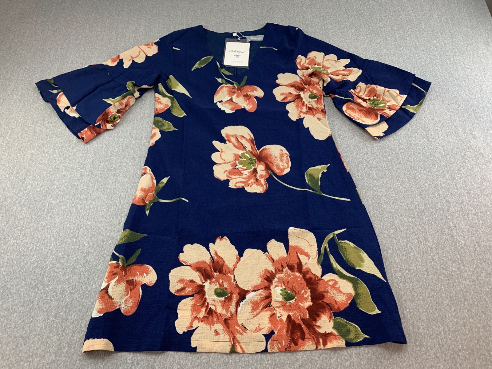 Belongsci A-line Midi Dress Womens Size Small Blue Floral Double Bell Sleeve