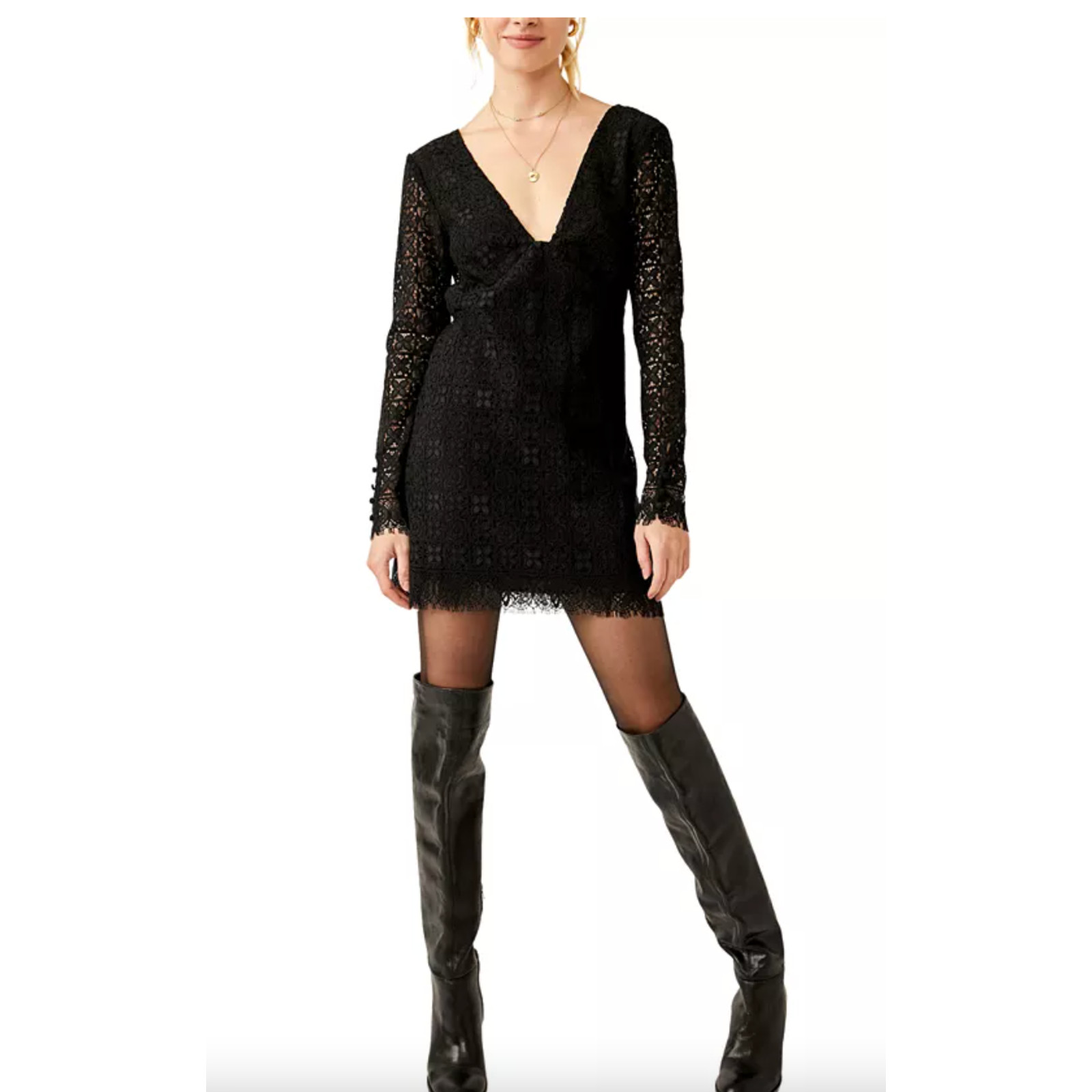Free People Black Lace Honey Honey Mini Dress V-neck, Bow | Sz 4 NEW $148
