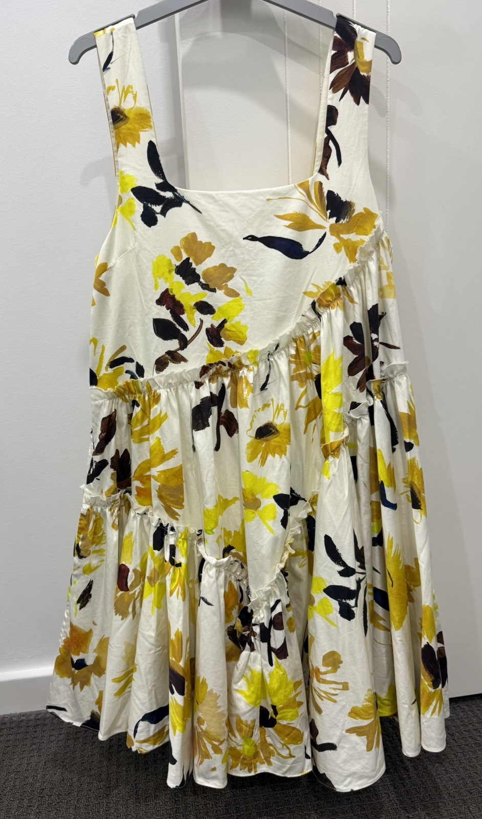 Aje Meadow Mini Dress AU 6 | US 2 Yellow Floral Asymmetric Smock Cotton Swing