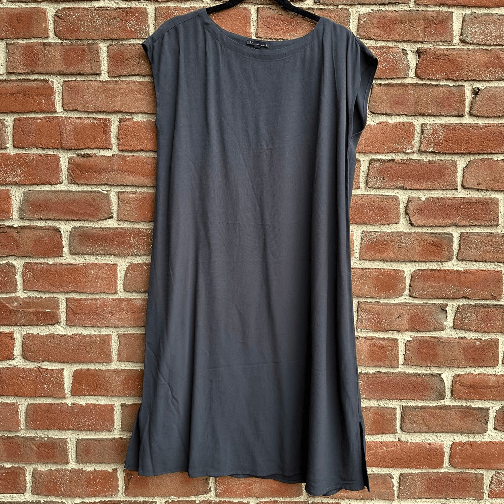 Eileen Fisher $248 Charcoal Gray Bateau Neck Midi Tunic Dress Tencel Lyocell XS