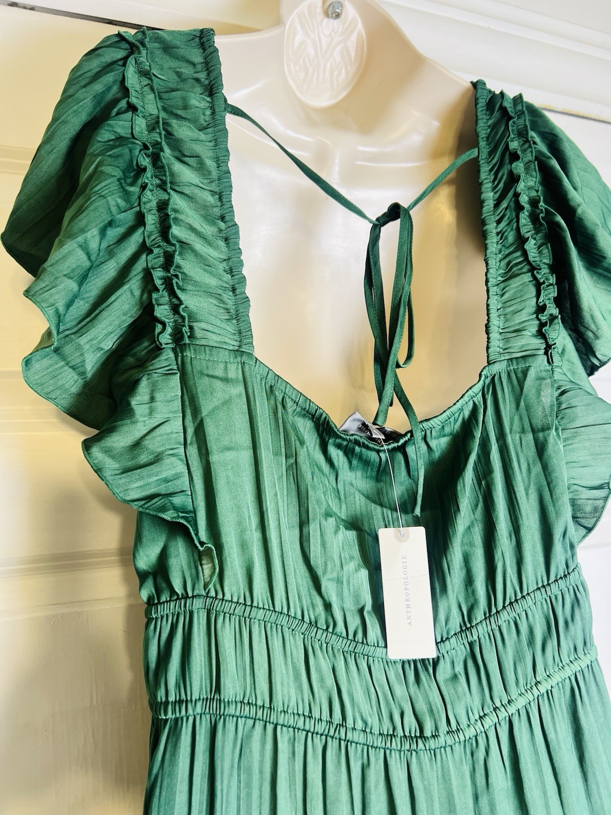 NWT Anthropologie Green XL Empire Waist Ruffle Tiered Maxi Long Dress Sleeveless