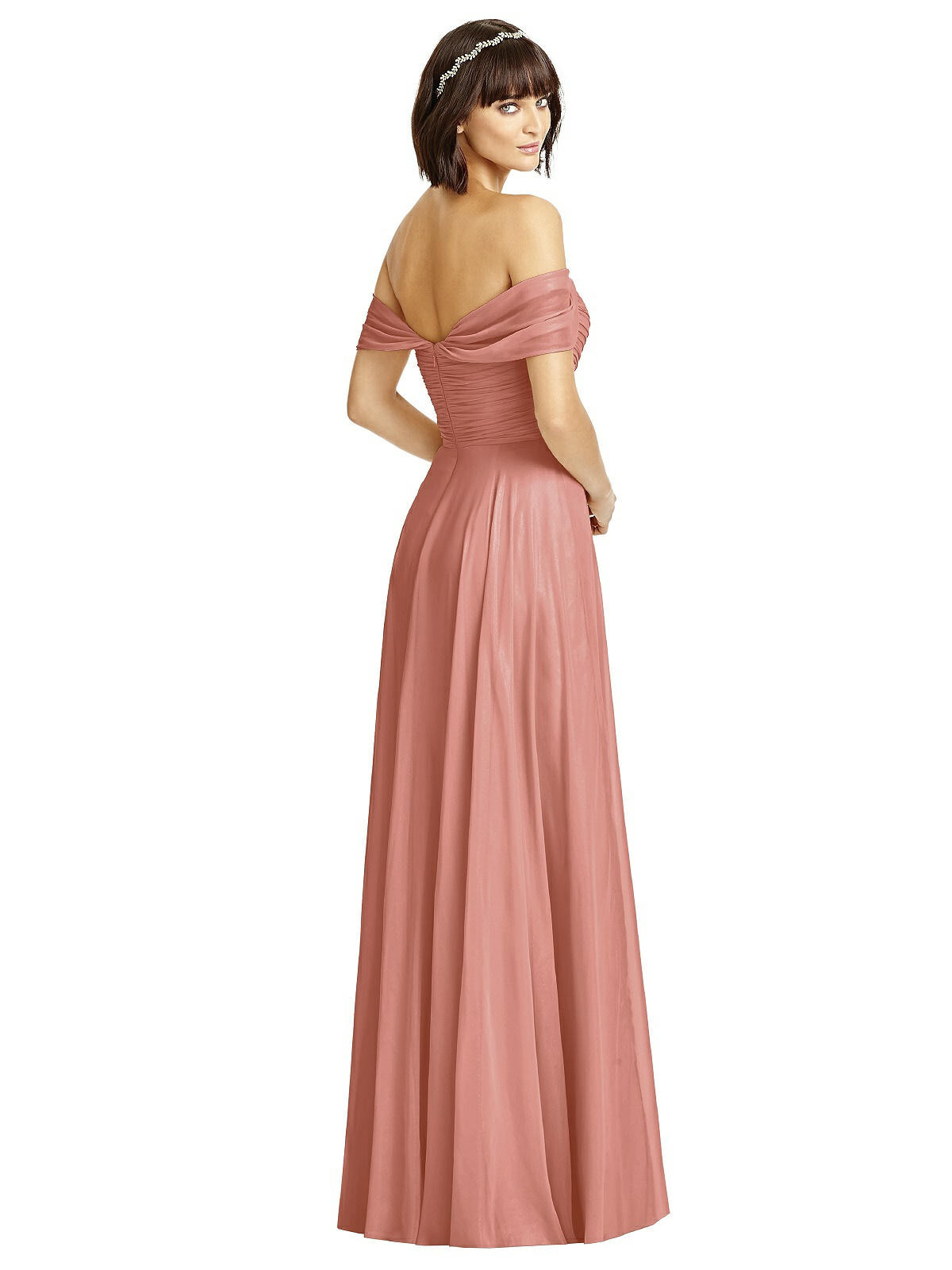 Dessy 2970….Off-the-Shoulder Draped Chiffon Maxi Dress…Desert Rose…Sz 0