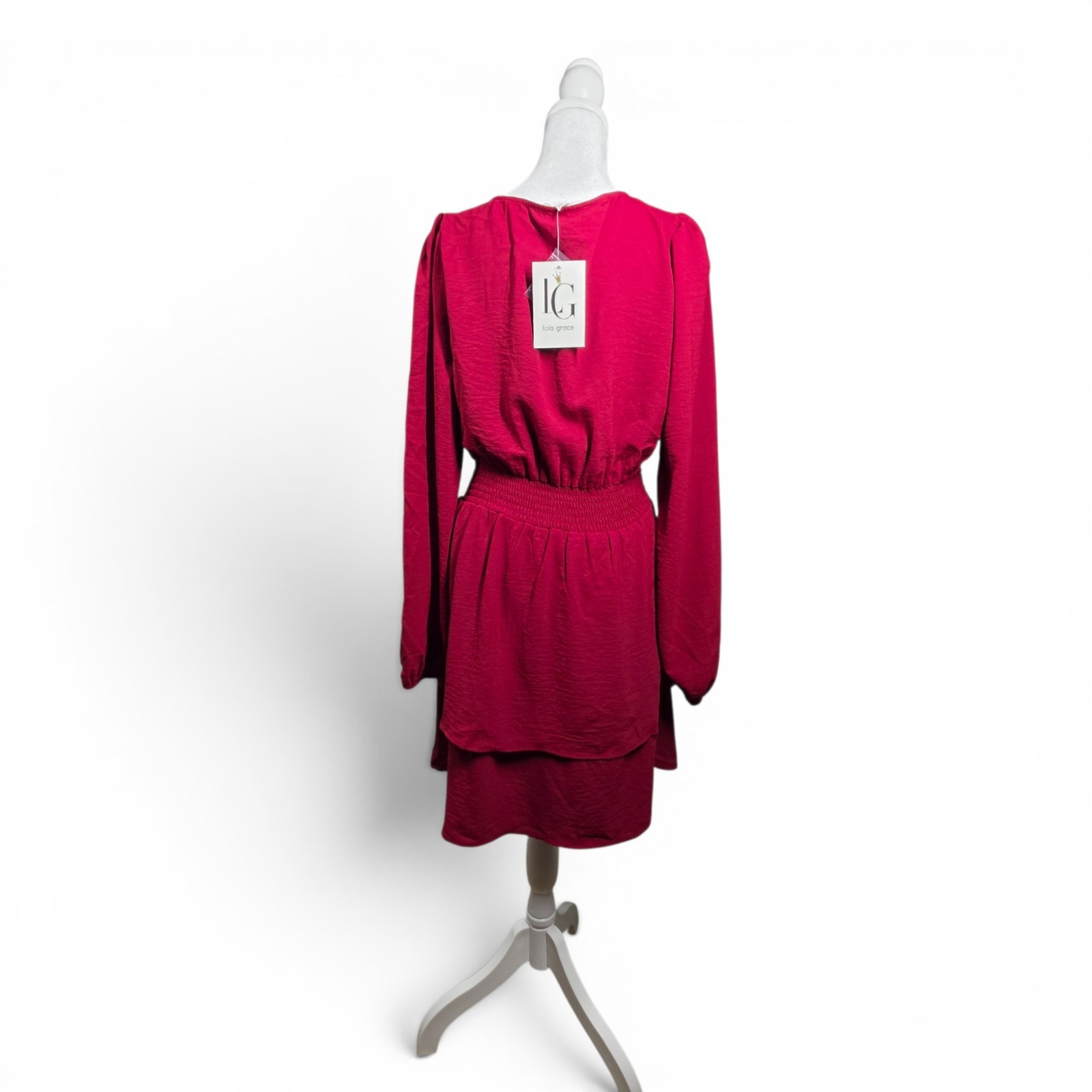 Lola Grace Women’s Burgundy Long Sleeve Smocked Waist Tiered Dress L NWT