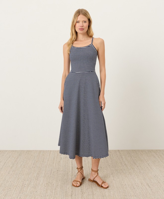 PACT Organic Fit & Flare Midi Dress, Hudson Stripe Navy Blue