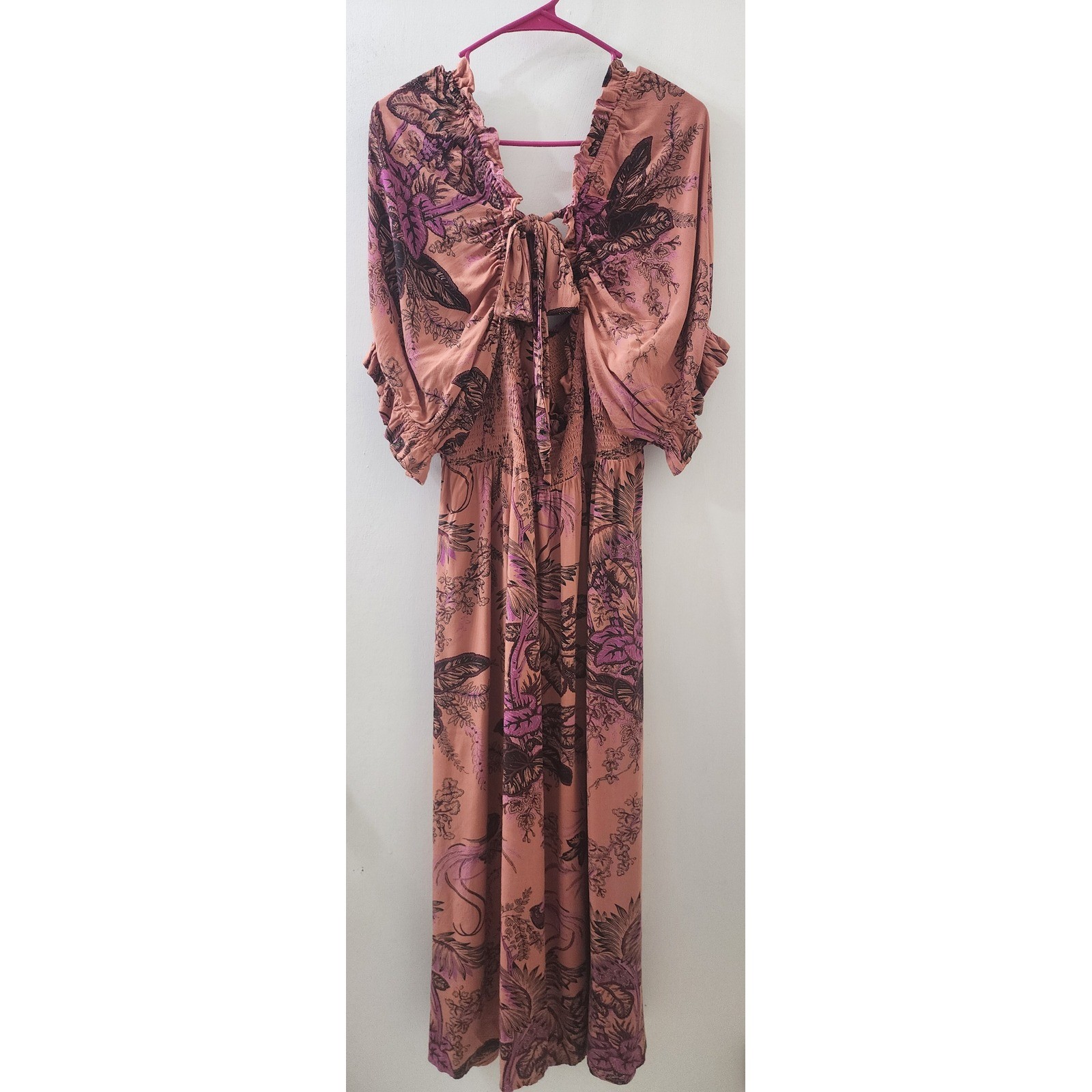 Boho Peach Botanical Butterfly Print Smocked Maxi Dress XL Ruffle Tie Back
