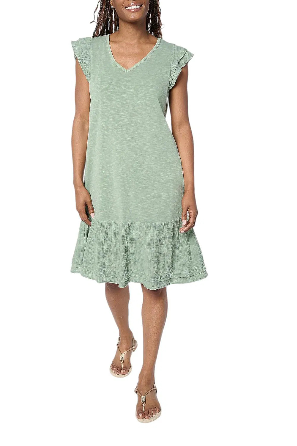 AnyBody Women’s Slub Jersey and Gauze Mixed Dress Green