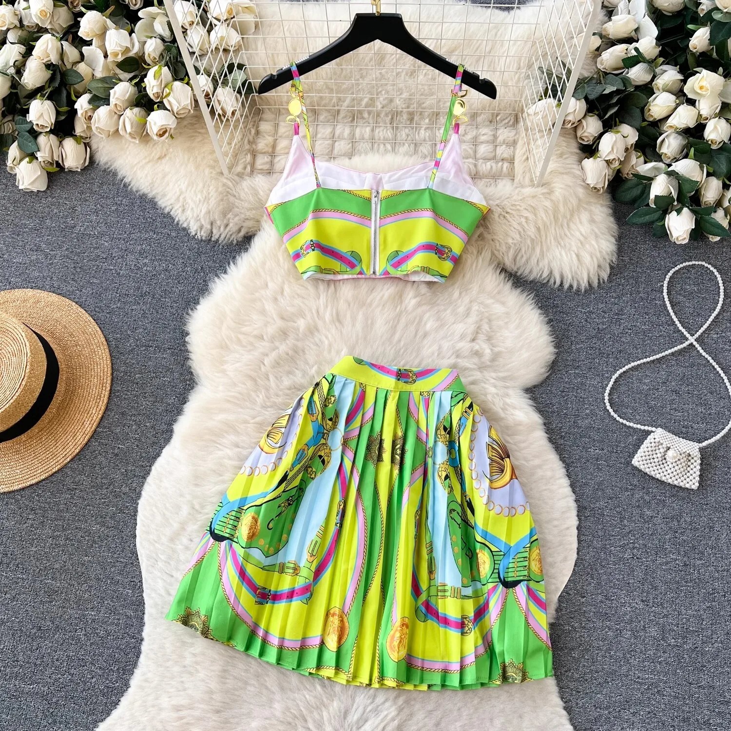 Summer Holiday Baroque Two Piece Set Women Short Spaghetti Strap Simple Metal