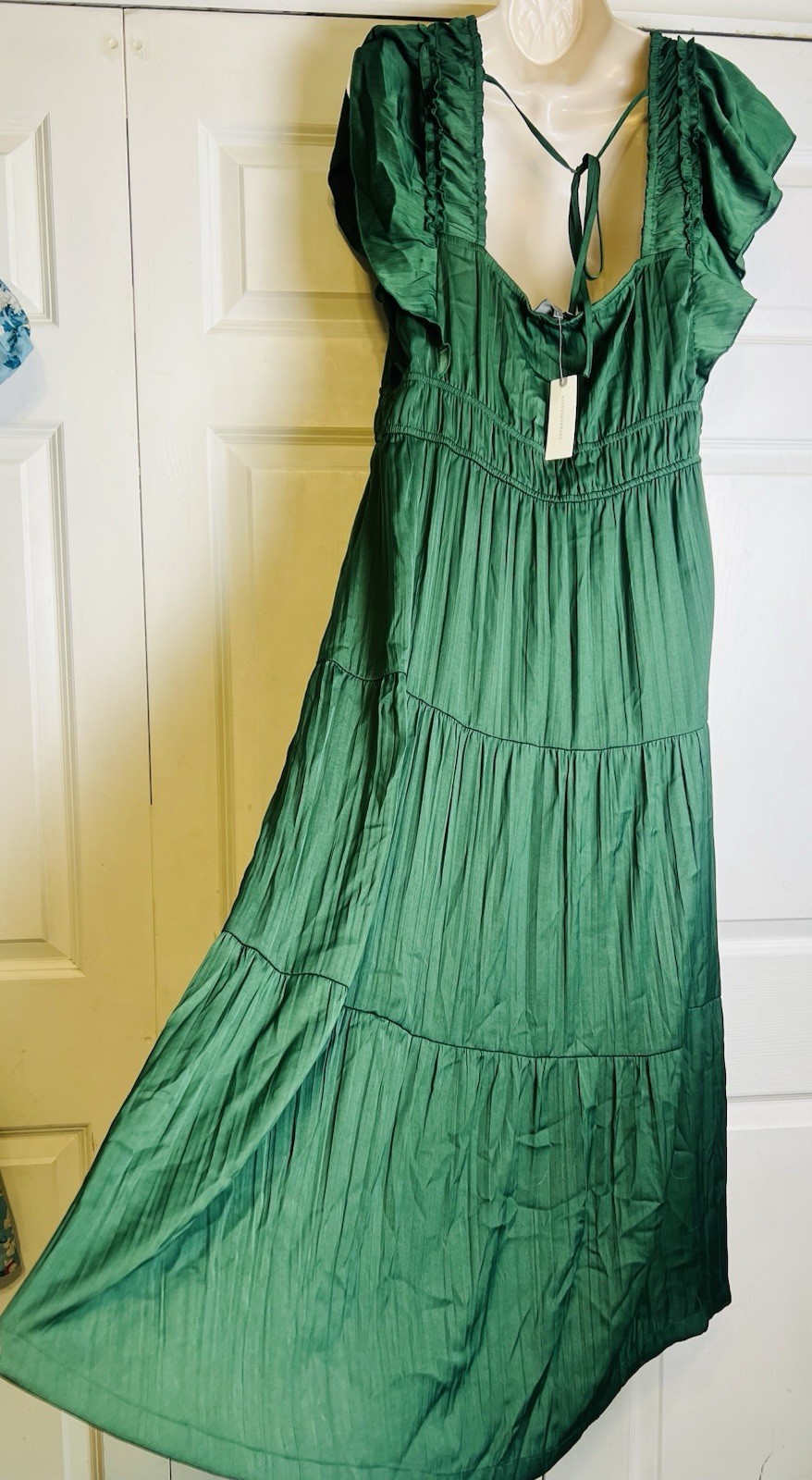 NWT Anthropologie Green XL Empire Waist Ruffle Tiered Maxi Long Dress Sleeveless
