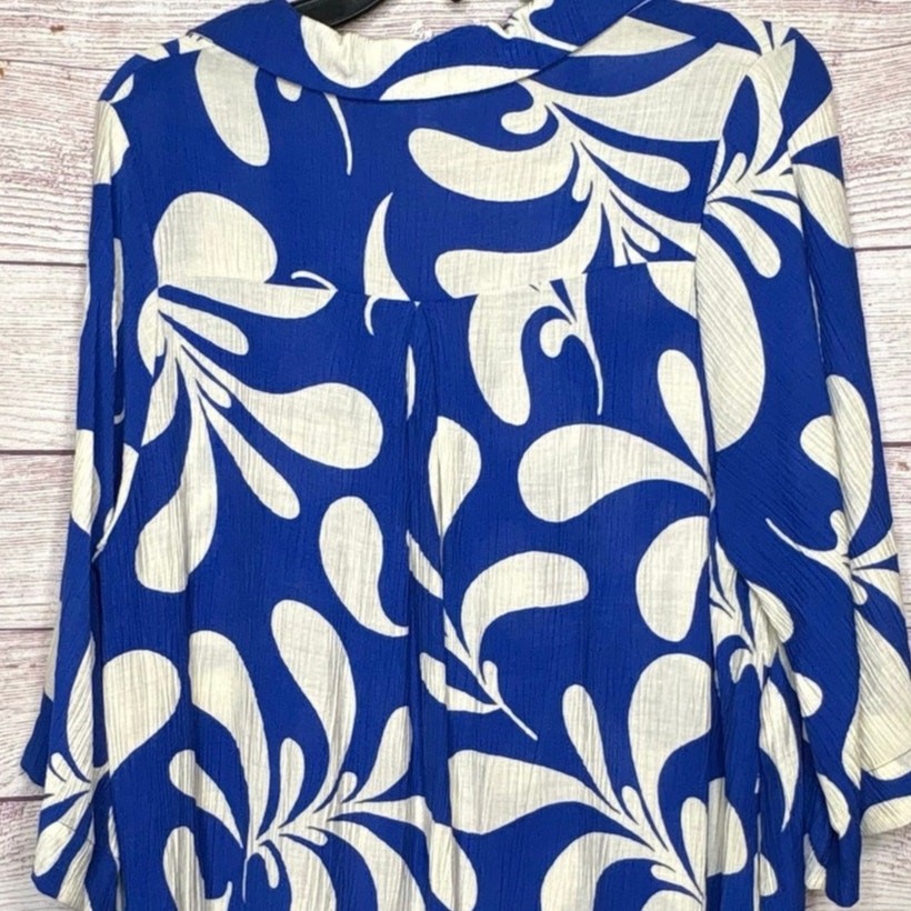 Umgee Tropical Blue & White Floral Flowy Loose Shift Collared Dress Size Small