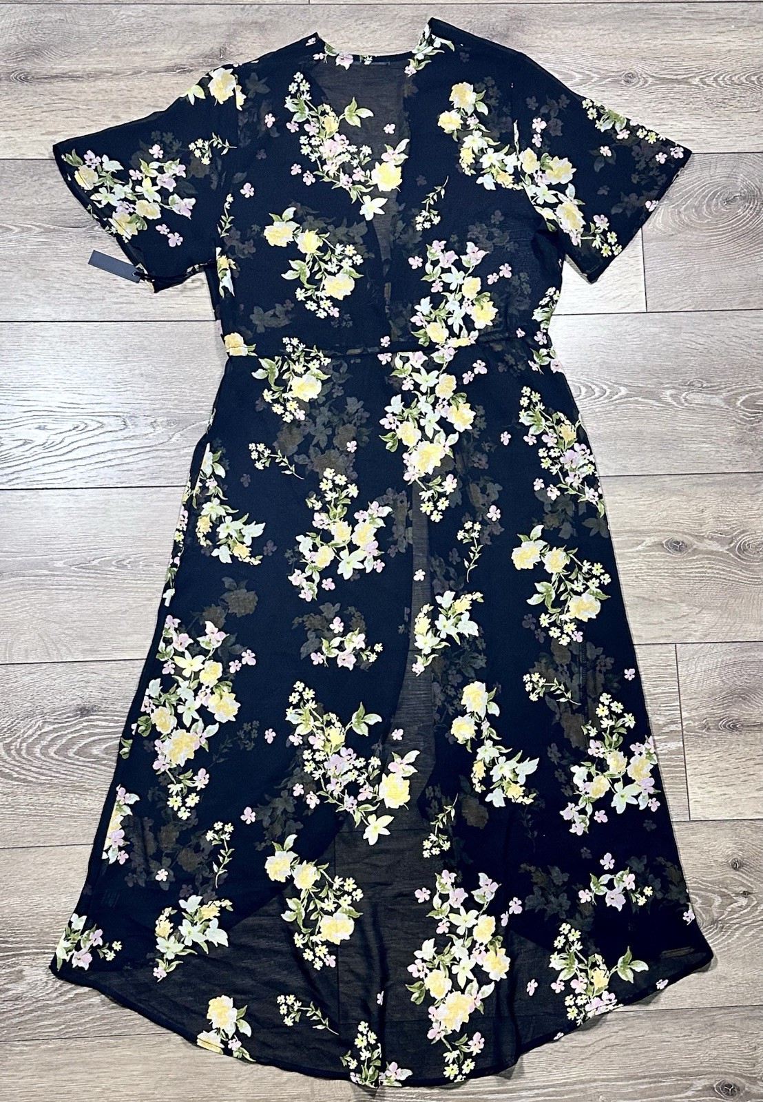 NWT 3rd + Malt Sheer Floral Duster Midi Dress Women’s M Black Tie Waist Boho