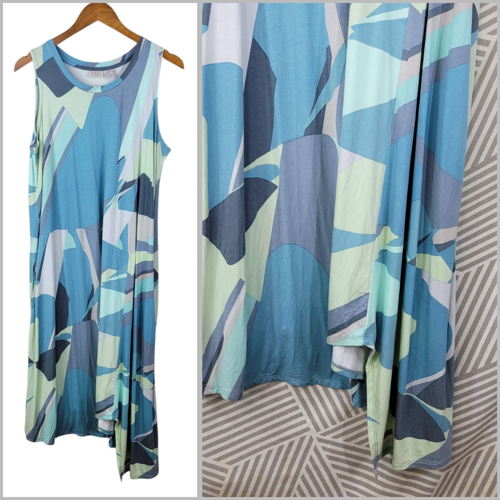LOGO by Lori Goldstein Midi Dress Large Pockets Asymmetrical Stretch Blue Green