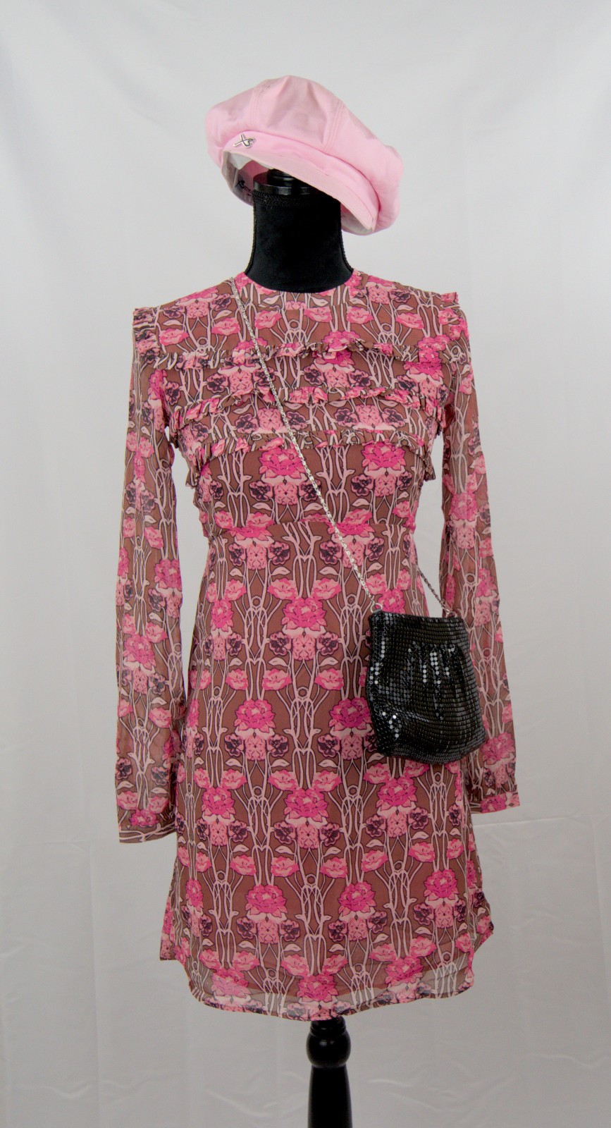 NWOT Topshop Womens Pink Floral Art Nouveau Ruffle Long Sleeve Mini Dress Size 2