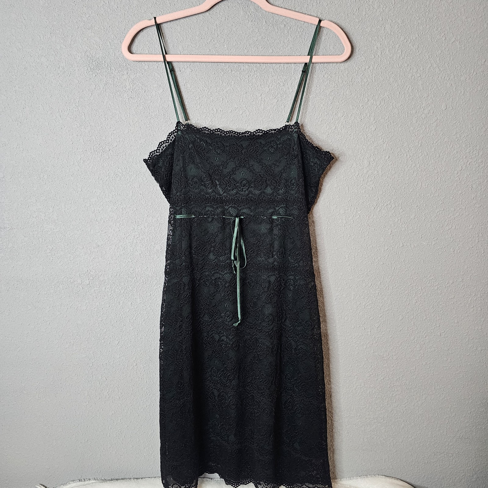 Widow Dress Womens XL Black Green Lace Overlay Adjustable Strap Gothic Mini