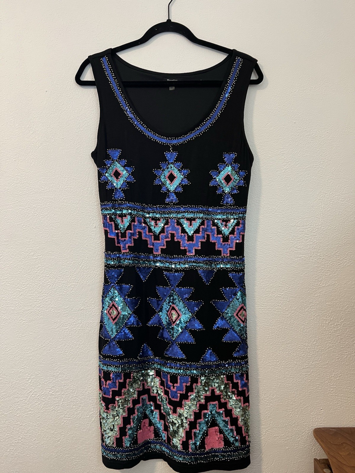 Verty Dress Sz4 Black Sequin Geometric Aztec Sleeveless Stretch Sheath Boho Used