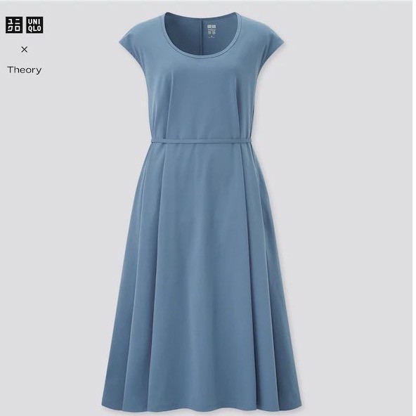 Uniqlo x Theory Dress Ultra Stretch A-Line Short Sleeve Blue DRY Tech Midi