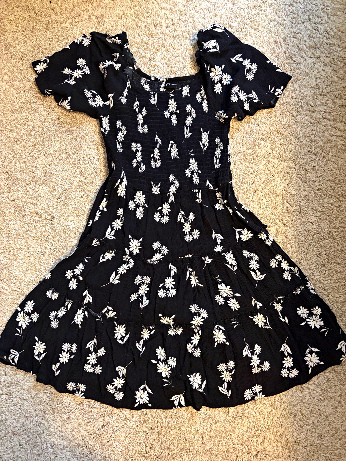 Art Class Black/White Floral Short Dress Puff Sleeve Kids L 10/12