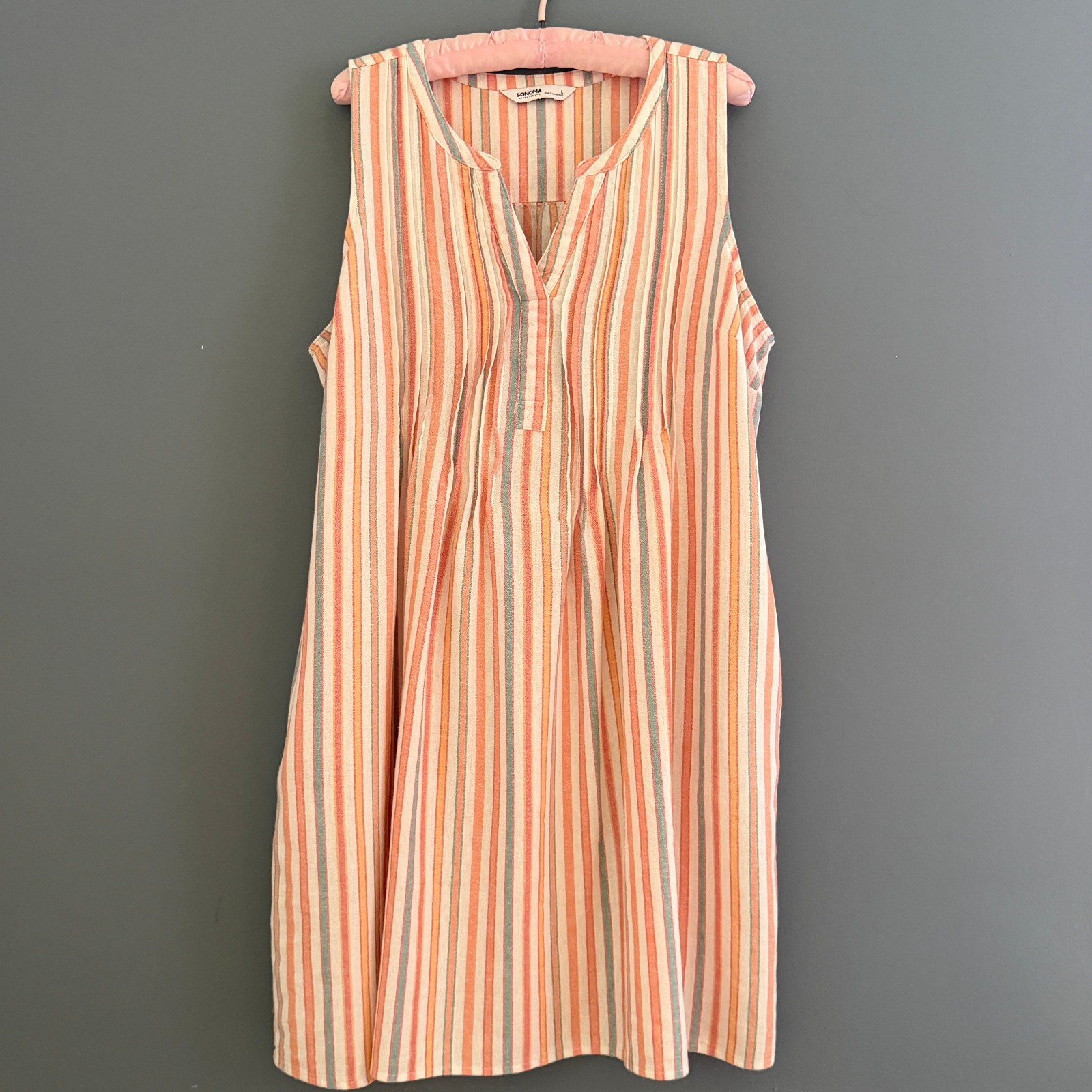Sonoma Womens SZ LGE Striped Linen/Rayon Summer Dress w/Pockets & Pintucks