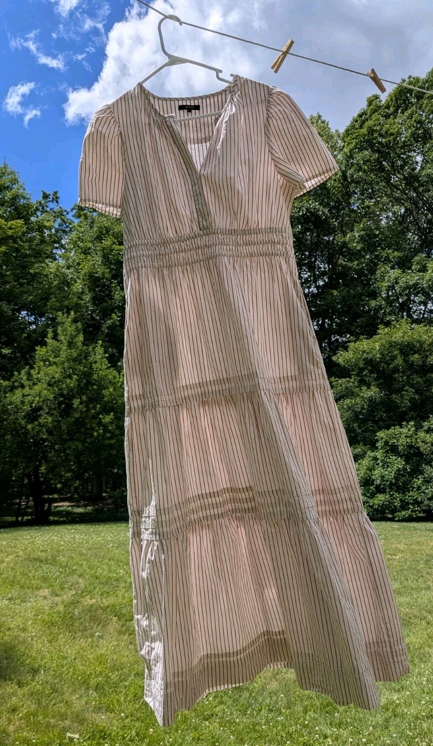 Quince L White Brown Striped coastal Smocked Puff Sleeve Maxi Dress pockets