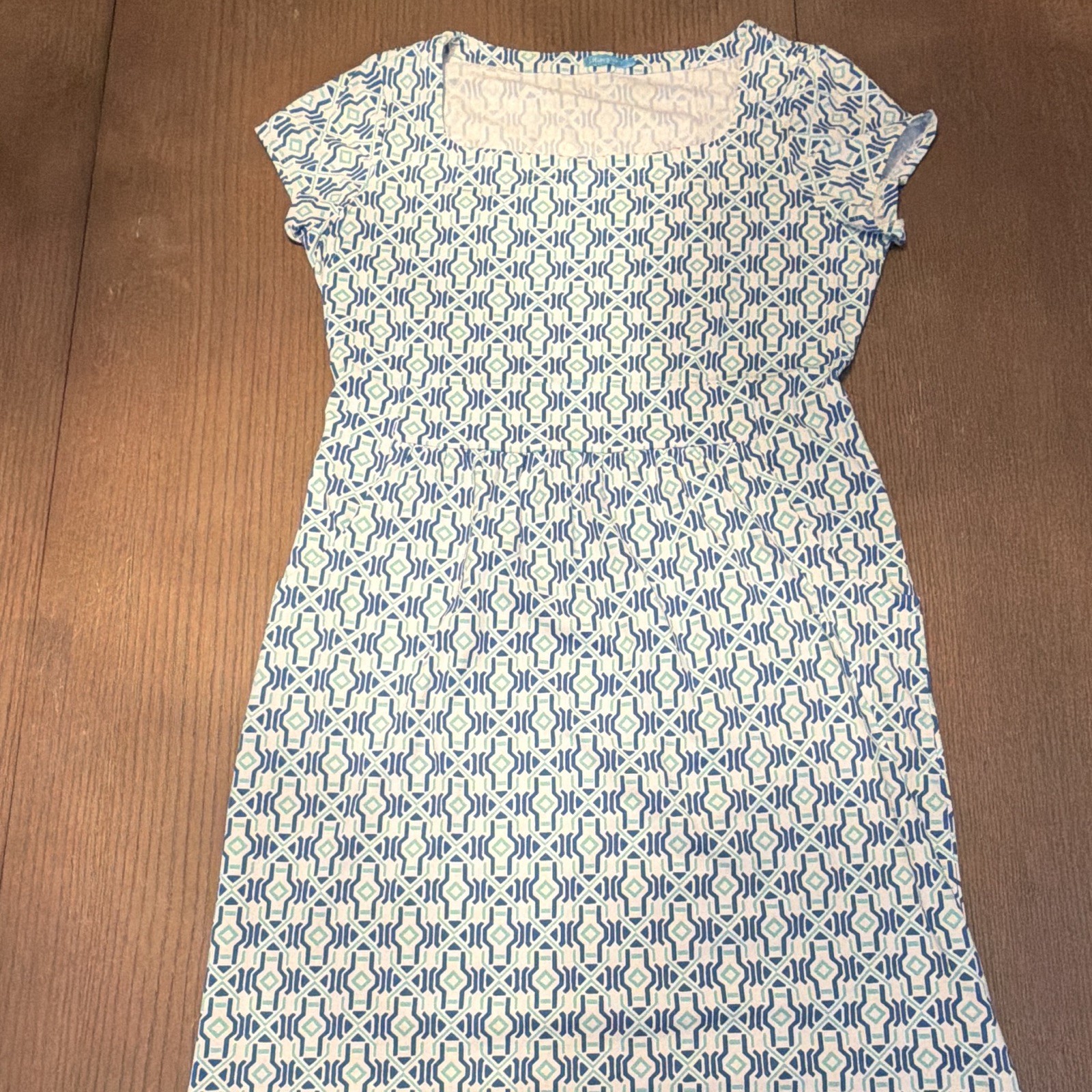 Blue/White Geometric Knit Sheath Dress Women’s M Square Neck Cap Sleeve