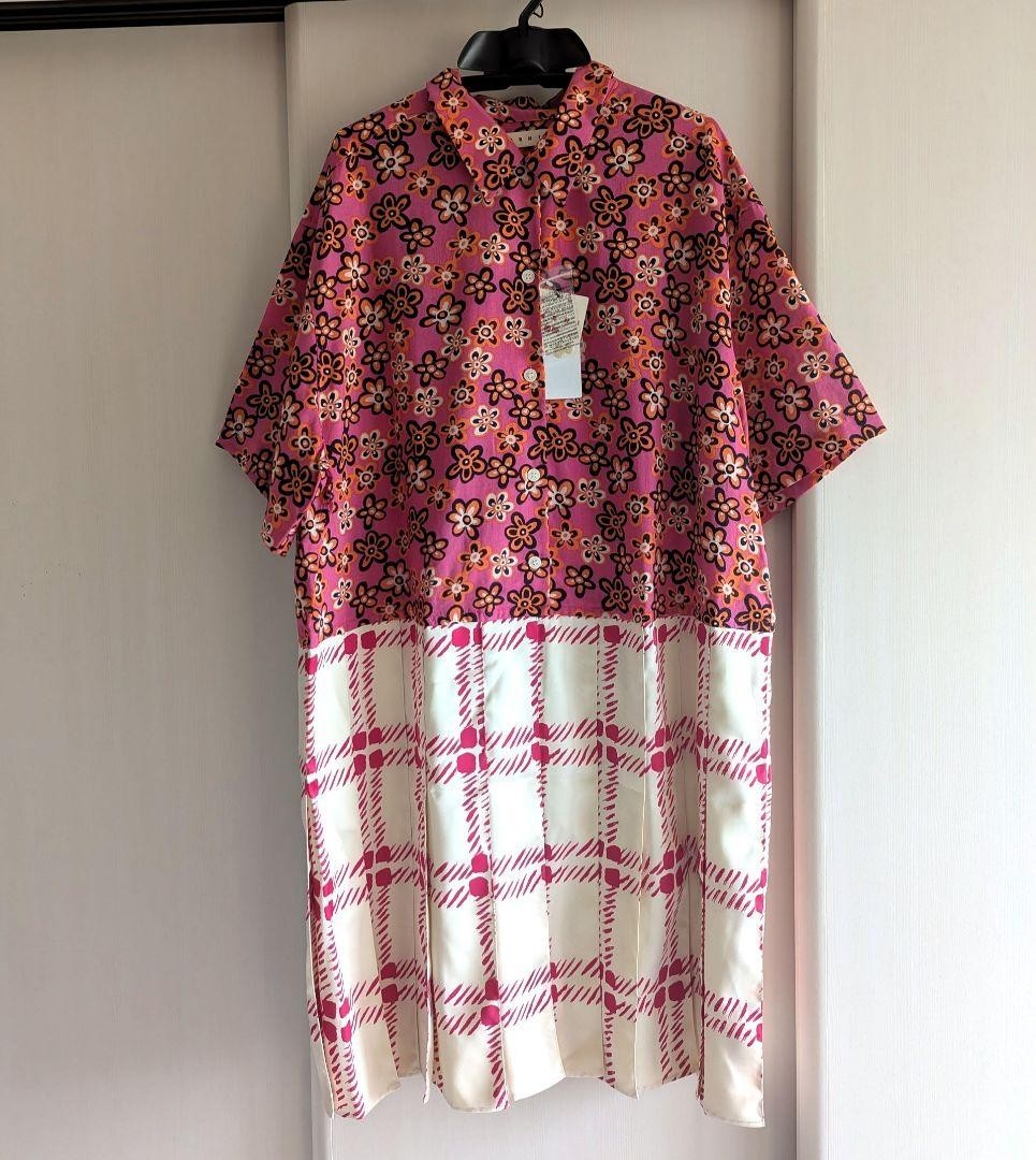 Uniqlo MARNI Floral Checkered Shirt Dress Short Sleeve Pink White Size XXL New