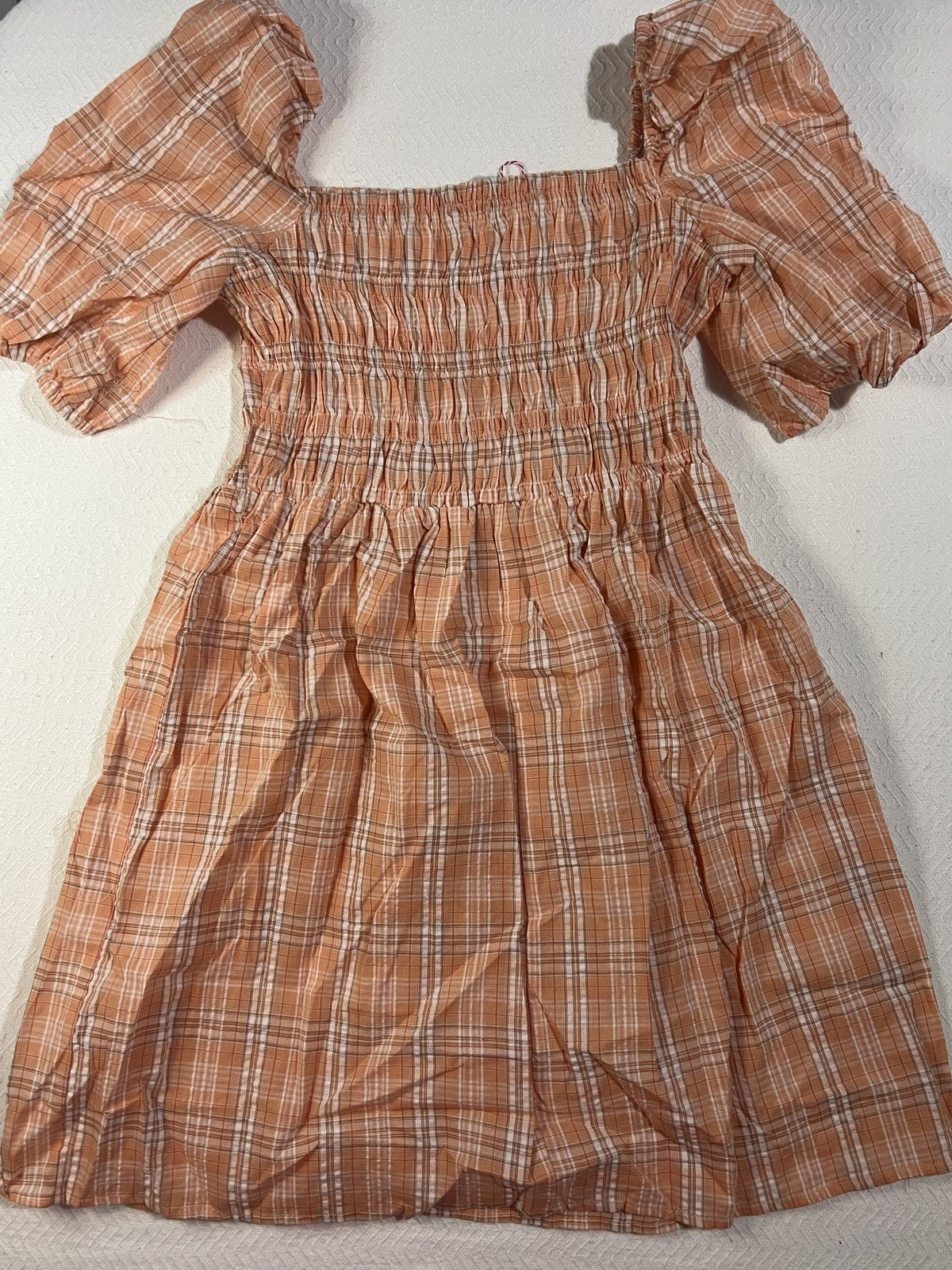 Umgee Peach Plaid Puff Sleeve Dress Size S