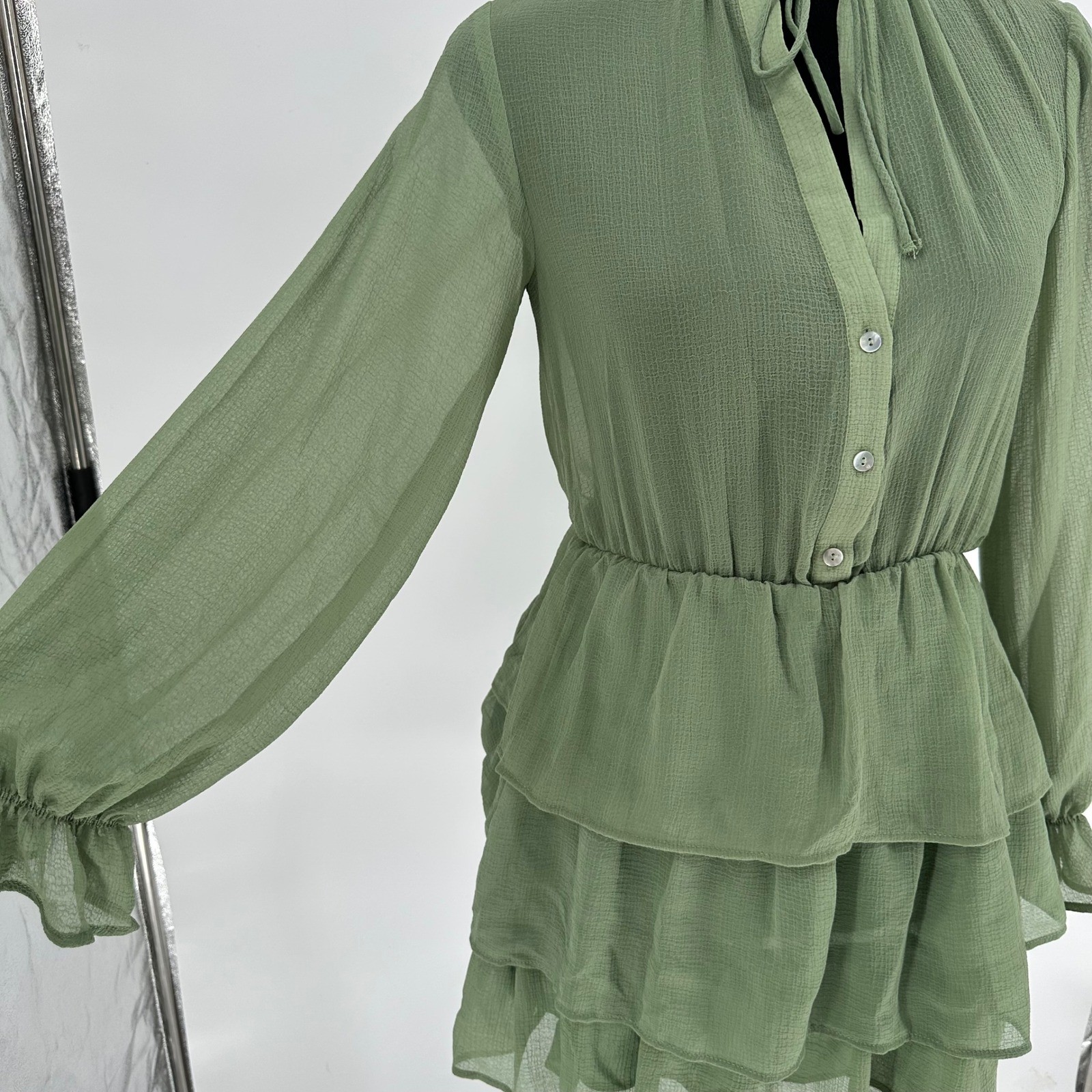 Zara Green Sheer Ruffle Long Sleeve Mini Short Dress V-Neck Women’s XS