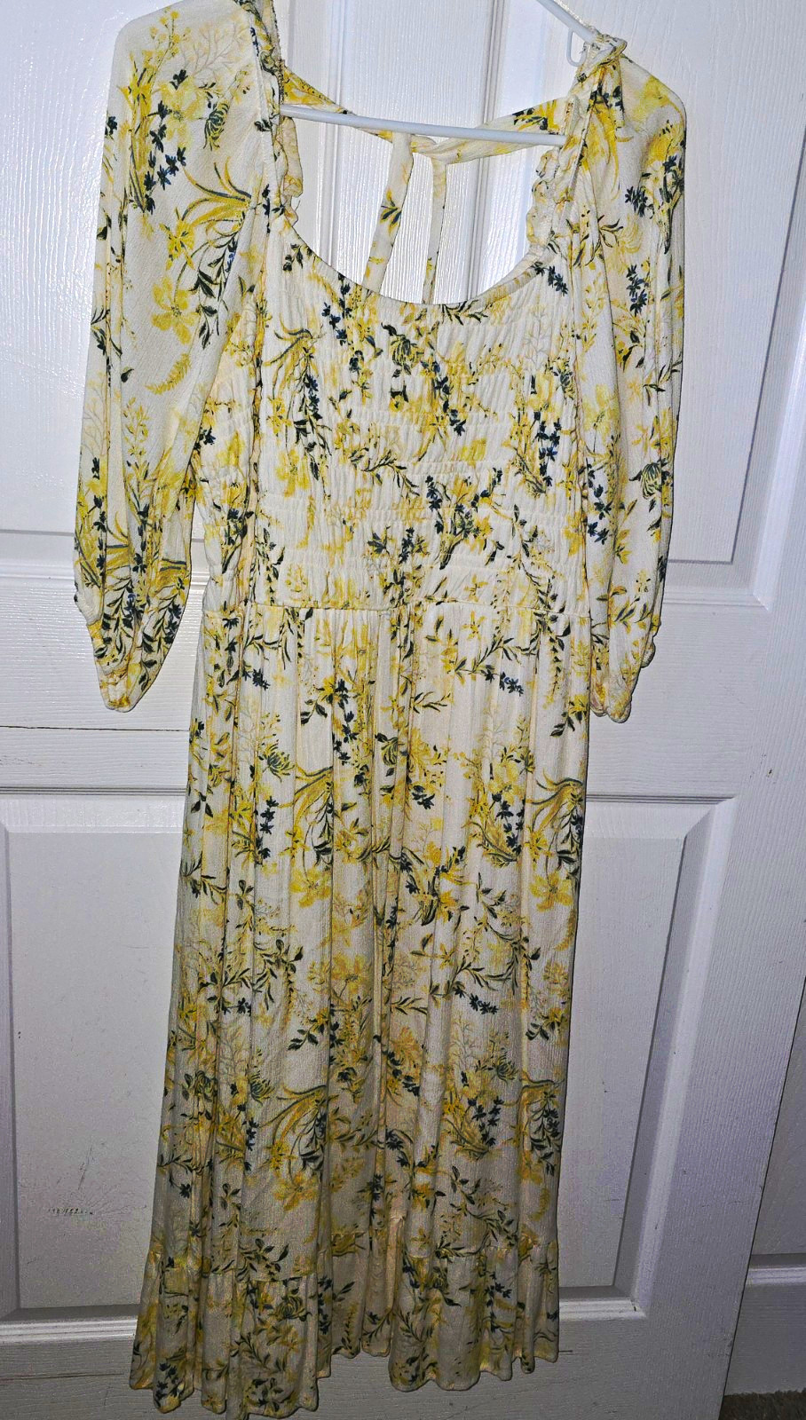 Lucky Brand Cream Floral Square Neck Smocked Lined 3/4 Sleeve Maxi Dress L