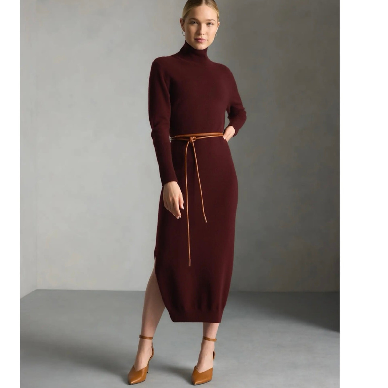 NWOT Quince Burgundy Mongolian Cashmere Turtleneck Midi Sweater Dress Women’s L