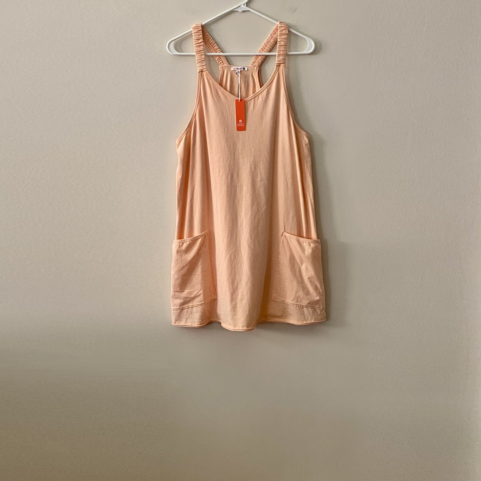 NWT Sundry Anthropologie Mini Dress Built-In-Shorts Scrunch Strap Peach Sz S