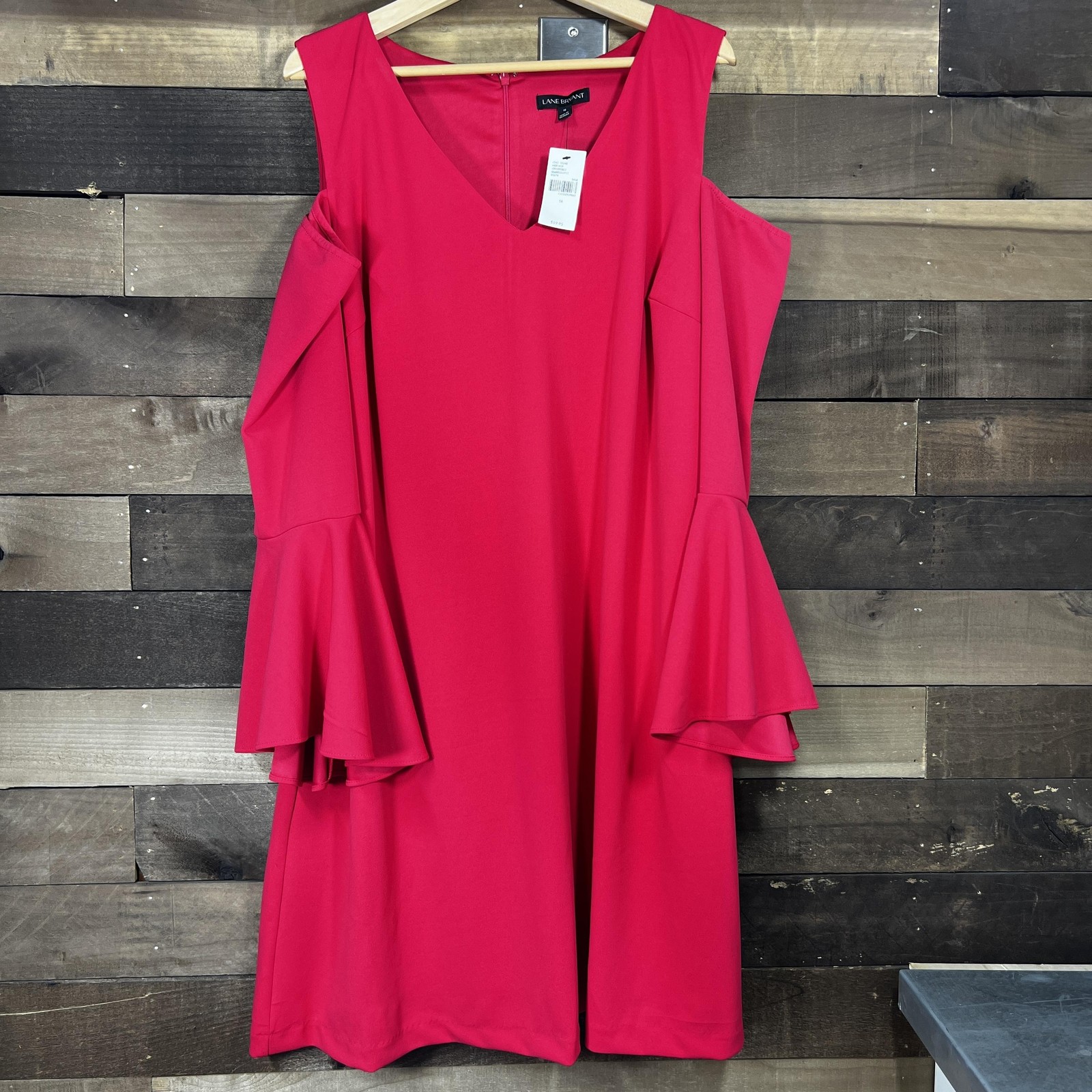 Lane Bryant Dress Womens 16 Pink Cold Shoulder Ruffle Bell Sleeve Knit