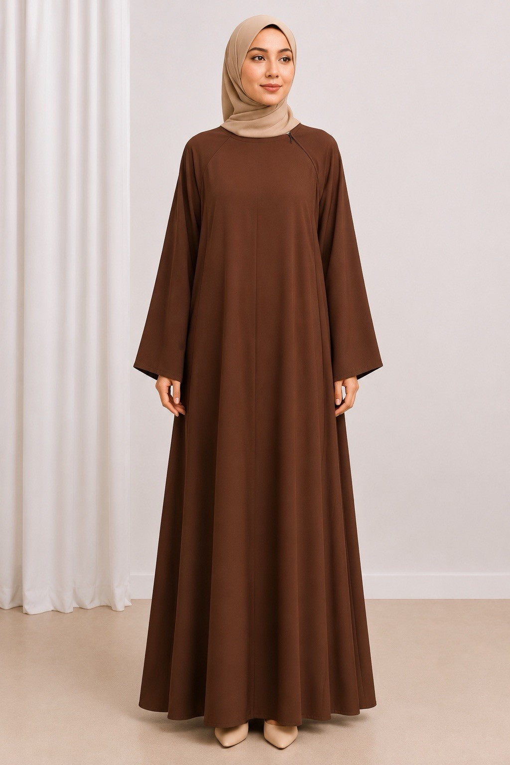 Women’s Brown Closed Abaya One Size Long Sleeve Round Neck Modest Wear