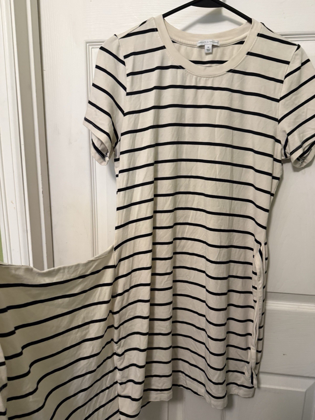 Threads 4 Thought T-Shirt Dress Striped Beige Black Tie Waist Crew Neck M
