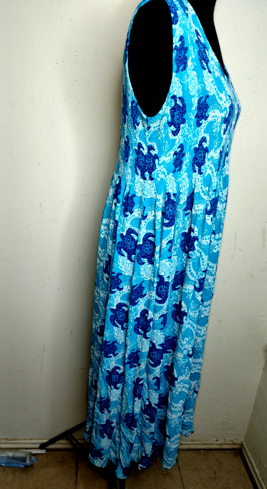 Kaktus Blue White Sea Turtle Madi Dress Size Large Gather High Waist Sleeveless