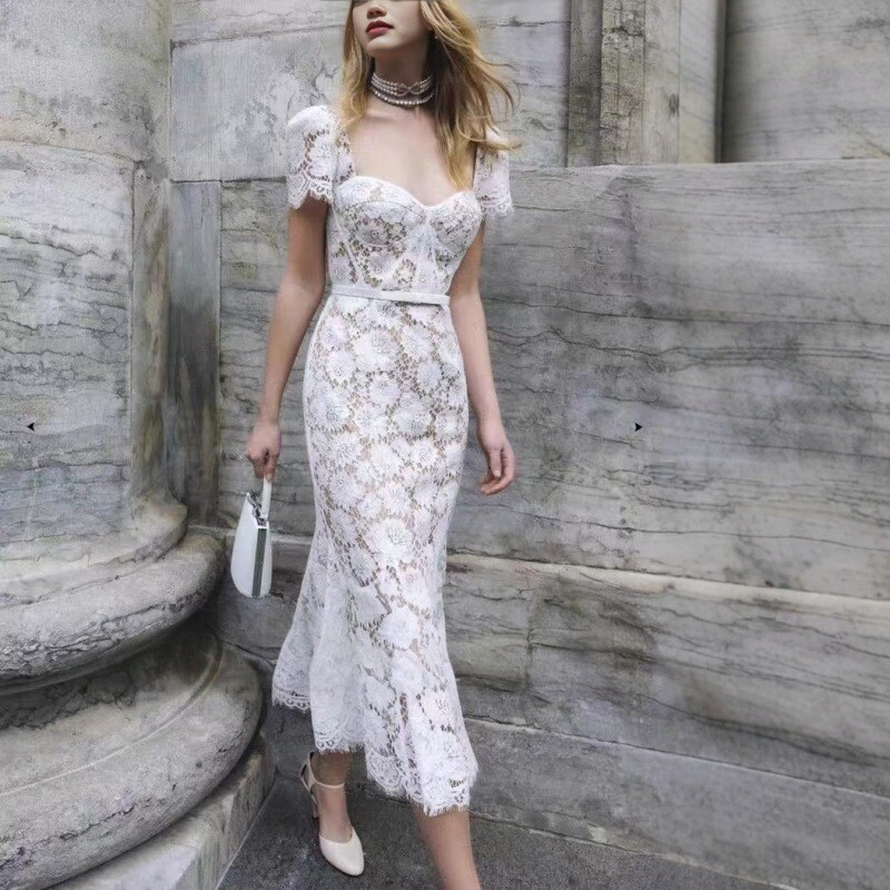 Women Self-Portrait Blue White Lace Fishtail Dresses