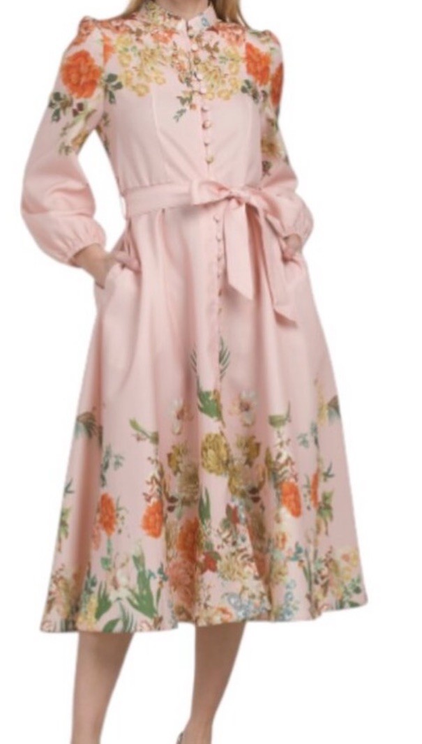 Nancy Yang Women’s Pink Cotton Long Flowers Floral Dress Sz L Midi