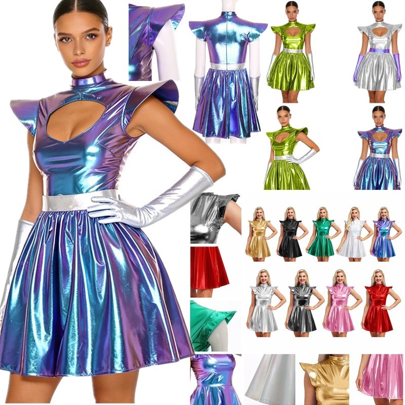 US Womens Alien Cosplay Metallic Shiny Dress A-line Theme Party Wear with Gloves