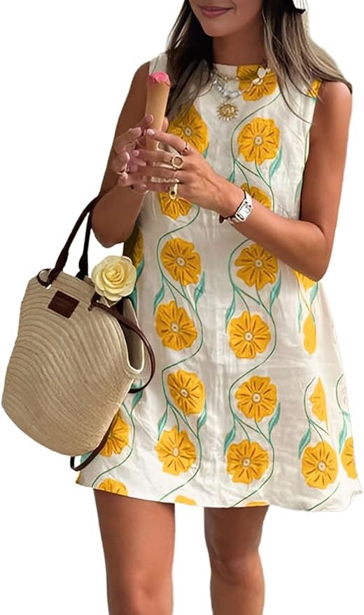 Women Summer Sleeveless Floral Short Shift Dress Cotton Linen Loose Tank Dress