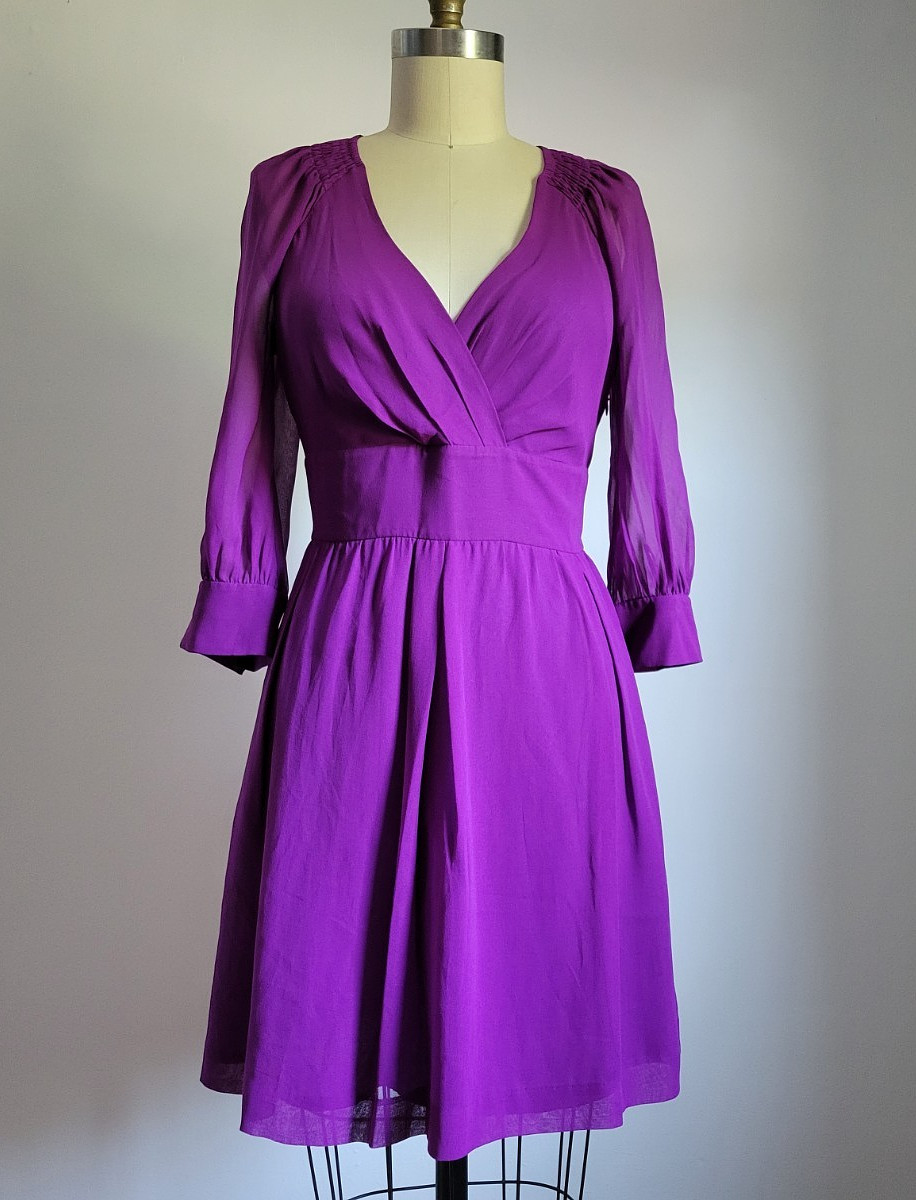 A/X ARMANI EXCHANGE PURPLE 100% SILK MINI DRESS with SEMI SHEER 3/4 SLEEVES