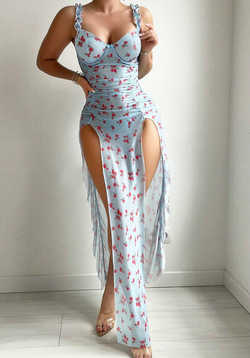 Sexy Womens Sleeveless Mesh Floral Dress Long Maxi Bodycon High Split Summer