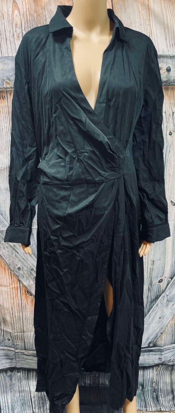 TEREA Black Lyocell Wrap Shirt Dress Draped Front Maxi Minimalist Chic Sz M