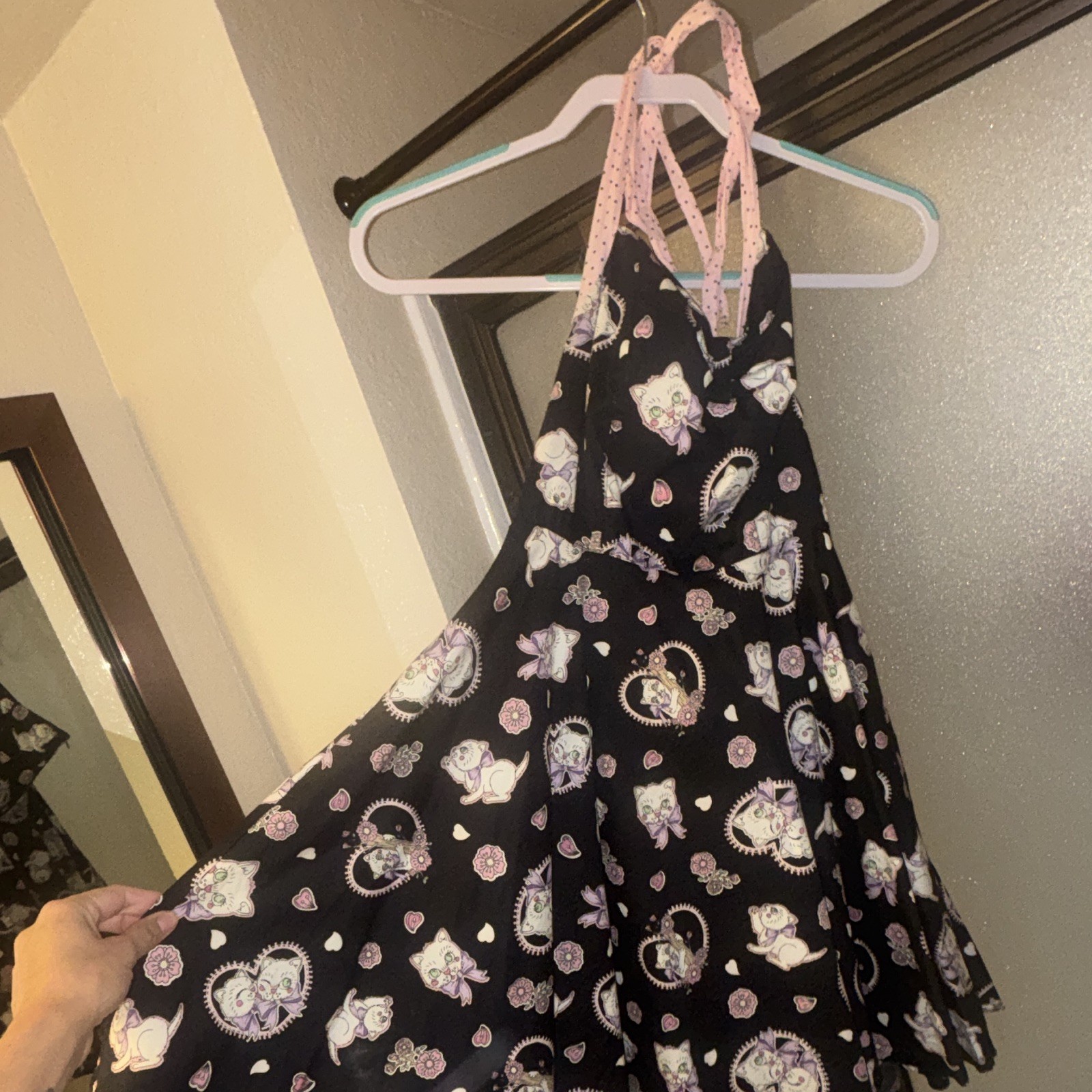 Women’s S Halter Fit & Flare Sundress Black Pink Cat Print Zip Short