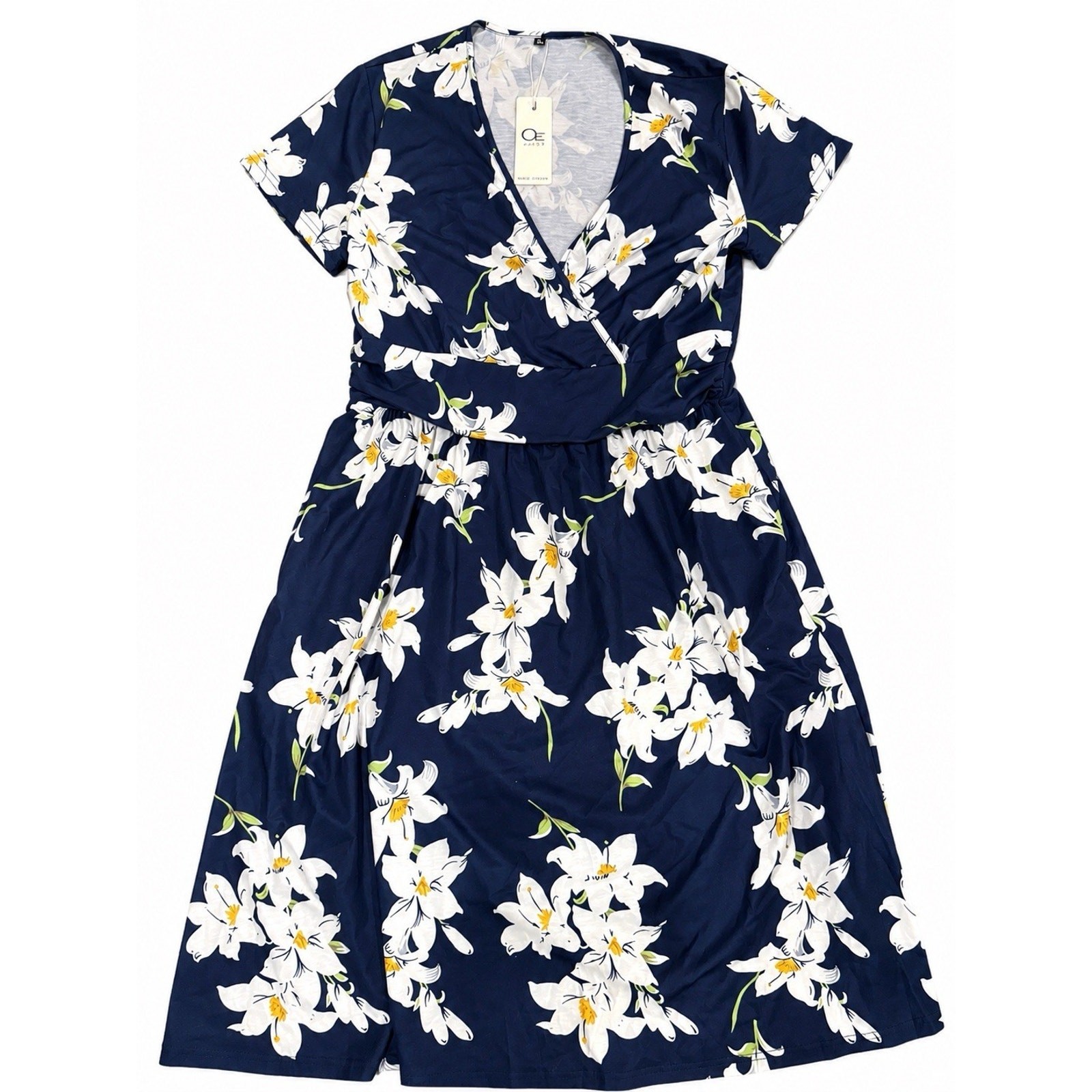 OUGES Women’s Navy Floral Wrap Midi Dress Size XL Short Sleeve